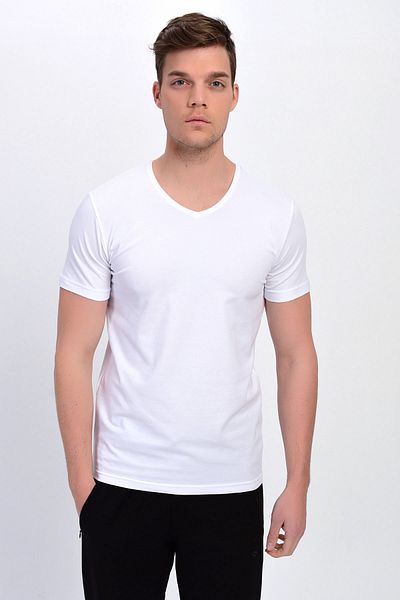 DYNAMO Men's White Large Size V-Neck Lycra Basic T-shirt
