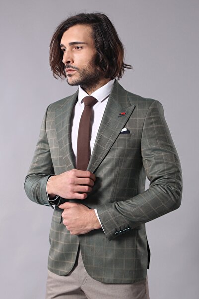 Wessi Erkek Yeşil Tek Düğme Geniş Sivri Yaka Slim Fit Ceket