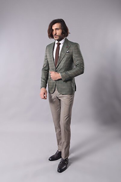 Wessi Erkek Yeşil Tek Düğme Geniş Sivri Yaka Slim Fit Ceket