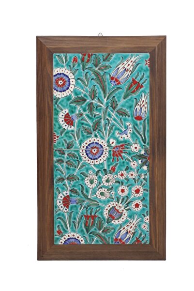 OTANTİK ÇİNİ Gece Bahçesi Deseni Turkuaz Zemin Ahşap Çerçeve Tablo 20x40cm