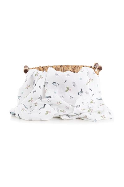Caline Baby Muslin Cloth Cover Bird Pattern - Blue 120x120 Cm 4 Mouth Wipes
