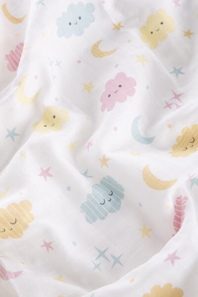 Caline Baby Muslin Cloth Cover Cloud Pattern - Yellow 90x75 Cm 2 Mouth Wipes