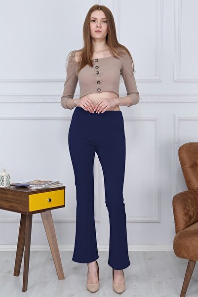 Gül Moda Pantaloni din țesătură lycra cu talie elastică, fără buzunare, bleum...