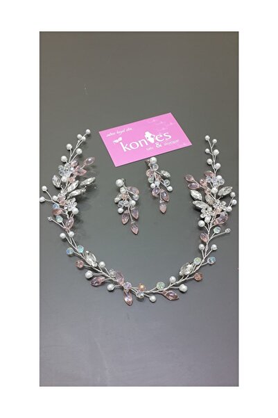 Kontes Gelin Tacı Saç Aksesuarı Ve Küpe