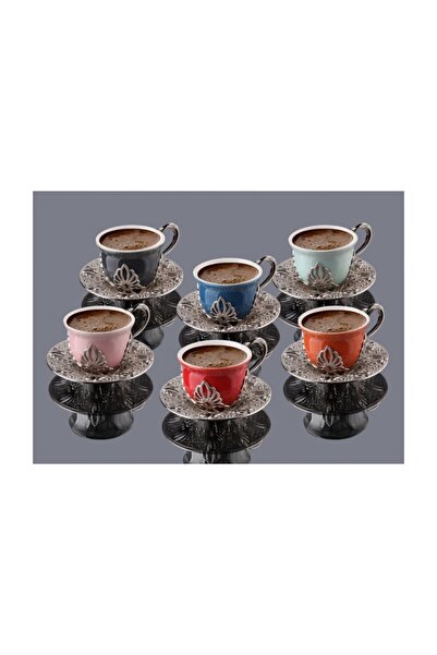 BUSEM Ahu Tiryaki Renkli Porselen Fincan Türk Kahve Seti 6 Kişilik 18 Parça Gümüş Renk