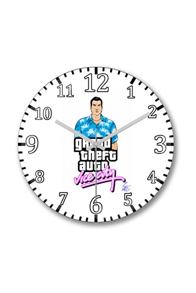 Baskı Dükkanı ساعة حائط Gta Vice City من الزجاج الحقيقي المنحني