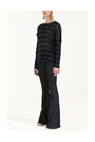 SOCIETA Siyah Yakası düğmeli bol kesim örme bluz 19269