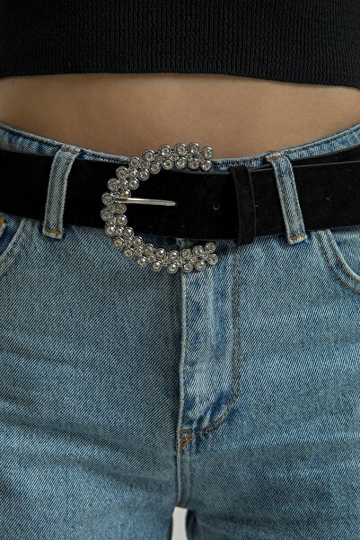 Foremia Kadın Siyah Tokası Taşlı Süet Kemer Cnkmr012-1