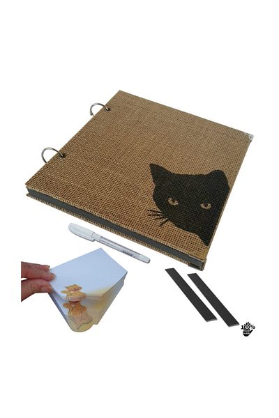 direkt-al Cat Themed Jute Fabric Cover Album Writable Memory Book 23 Cmx20 cm 20 Sheets 40 Pages