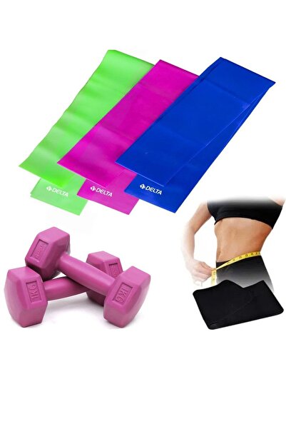 Delta 3'lü Pilates Direnç Bandı 120x7.5 Cm Hafif Orta Sert + 1KG Dambıl+ Termal Zayıflama Bel Kemeri