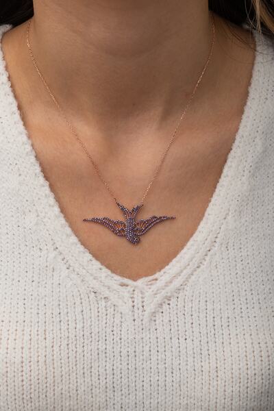 Nereze 925 Ayar Gümüş Mor Taşlı Anka Kuşu Kolye Kadın Gümüş Kolye