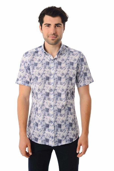 Hatemoğlu Αθλητικό πουκάμισο με κοντό μανίκι Navy Blue Slim Fit με στάμπα 100% βαμβάκι