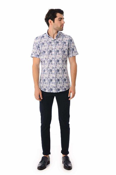 Hatemoğlu Αθλητικό πουκάμισο με κοντό μανίκι Navy Blue Slim Fit με στάμπα 100% βαμβάκι