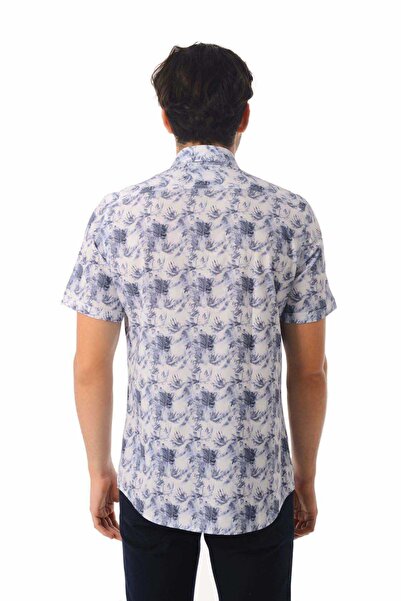 Hatemoğlu Lacivert Slim Fit Baskılı 100% Pamuk Kısa Kol Spor Gömlek