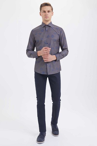Hatemoğlu Καφέ Slim Fit εμπριμέ βαμβακερό μακρυμάνικο αθλητικό πουκάμισο