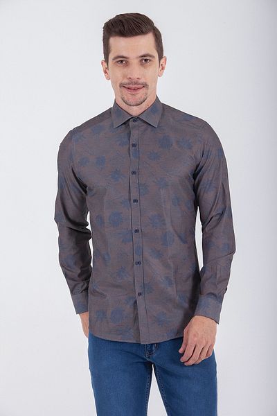 Hatemoğlu Καφέ Slim Fit εμπριμέ βαμβακερό μακρυμάνικο αθλητικό πουκάμισο
