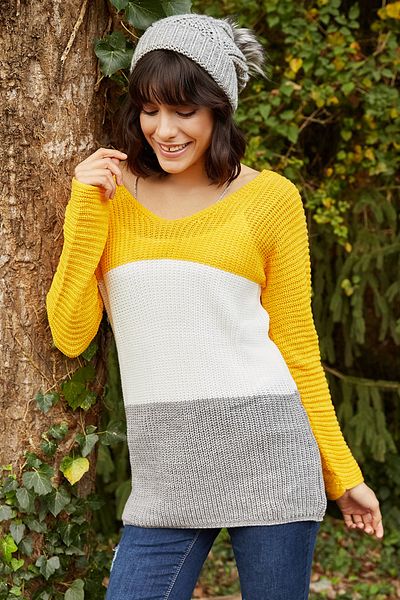AQE FASHION Pulover muștar blocat cu decolteu în V de damă