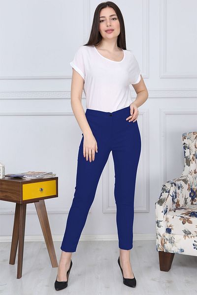 Gül Moda Pantaloni din stofă cu curea îngustă, albastru marin, Lycra, fără buzunar G011