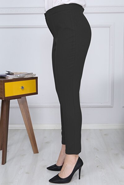 Gül Moda Siyah Kemerli Dar Paça Kumaş Pantolon Likralı Cepsiz G011