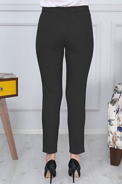 Gül Moda Siyah Kemerli Dar Paça Kumaş Pantolon Likralı Cepsiz G011