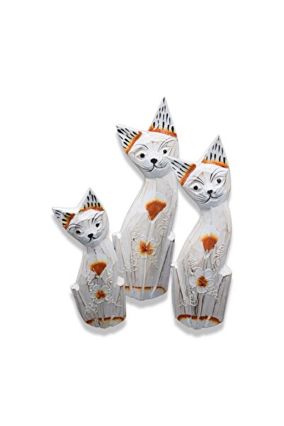 Hedicaret Ahşap Kedi Biblosu, 30 cm, Üçlü Biblo, Dekoratif Hediye