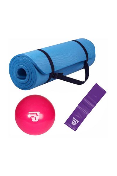 Povit Set of 3 Pilates 1 cm Blue NBR Mat with 25 cm Balls and Tape