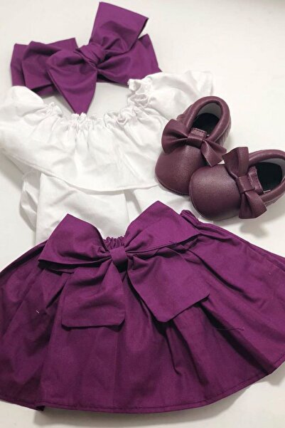 özge başaran Purple Skirt, White Blouse and Bow Bandana 3 Pieces