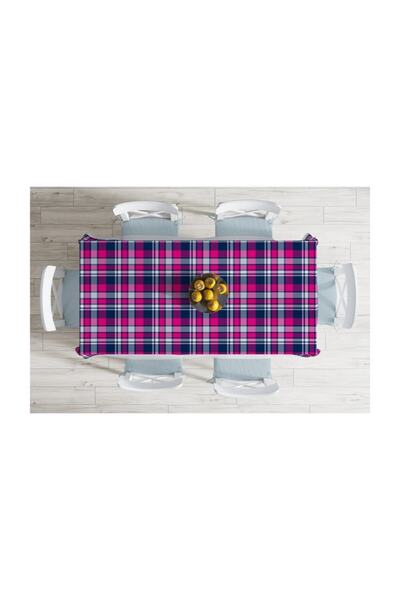 Realhomes Pink Navy Blue Plaid Patterned Decorative Stain Resistant Tablecloth-120x140 cm