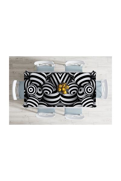 Realhomes Față de masă cu sfere 3D alb-negru, imprimată digital, rezistentă la pete-120x140 cm