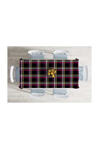 Realhomes Față de masă decorativă, rezistentă la pete, imprimată digital, cu model în carouri, negru, galben, roz-140x260 cm