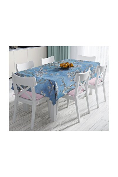 Realhomes Yağlı Boya Mavi Ağaç Motifleri Dijital Baskılı Leke Tutmaz Masa Örtüsü