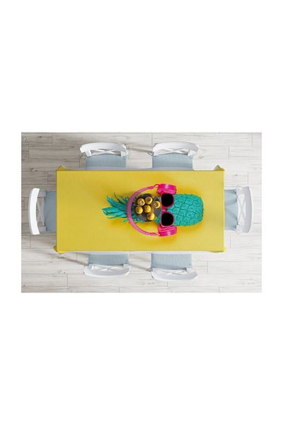 Realhomes Față de masă modernă anti-pete cu fundal galben și detaliu ananas - 140 X 180 cm