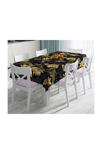 Realhomes Față de masă decorativă rezistentă la pete cu model frunze de aur pe podea neagră-140x260 cm