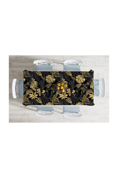 Realhomes Față de masă decorativă rezistentă la pete cu model frunze de aur pe podea neagră-140x260 cm