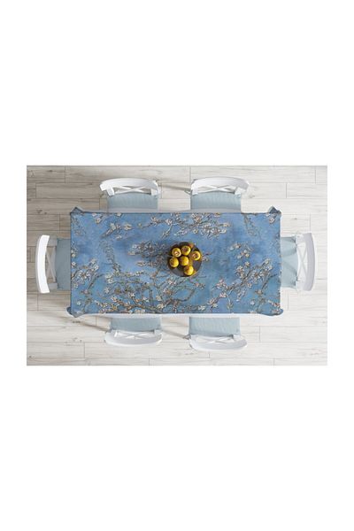 Realhomes Față de masă rezistentă la pete, cu vopsea în ulei, cu motive de copac albastru, imprimată digitală-140x220 cm