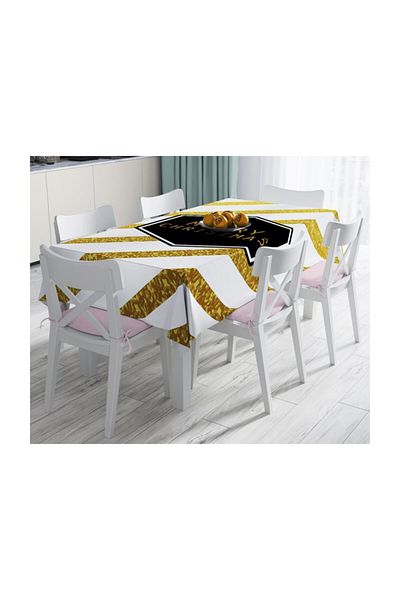 Realhomes Față de masă decorativă rezistentă la pete cu model de Crăciun Fericit cu dungi aurii-140x260 cm