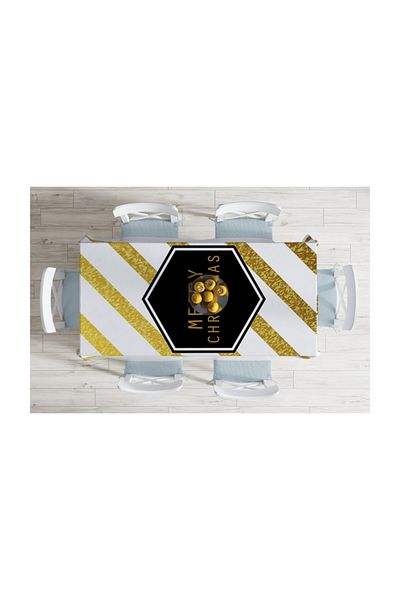 Realhomes Față de masă decorativă rezistentă la pete cu model de Crăciun Fericit cu dungi aurii-140x260 cm