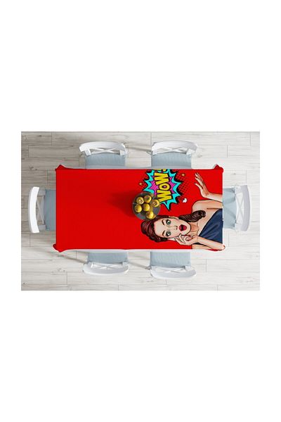 Realhomes Față de masă modernă rezistentă la pete Popart Wow cu fundal roșu - 140 X 180 cm