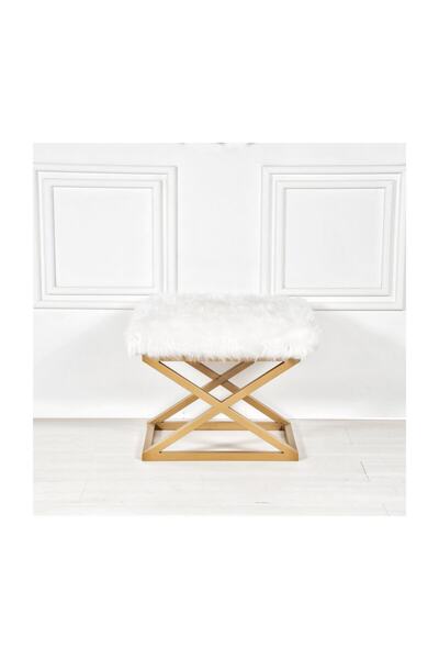 evodeko Altın Metal Ayaklı Beyaz Peluş Puf
