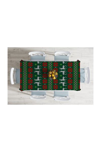 Realhomes Căprioare de Anul Nou pe fundal verde Față de masă decorativă rezistentă la pete cu model - 140 X 180 cm