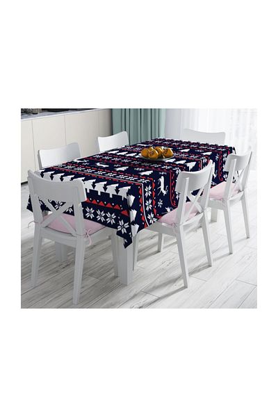 Realhomes Față de masă decorativă rezistentă la pete cu model de copac și căprioare albastru închis-120x140 cm