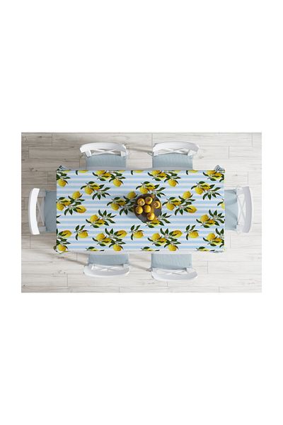 Realhomes Față de masă decorativă rezistentă la pete, cu dungi albastre, cu lămâie-140x260 cm