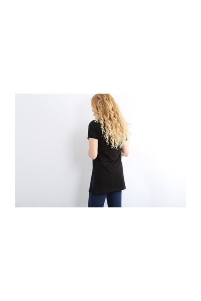 Modaonna Kadın Yan Yırtmaçlı V Yaka Siyah Tunik T-shirt