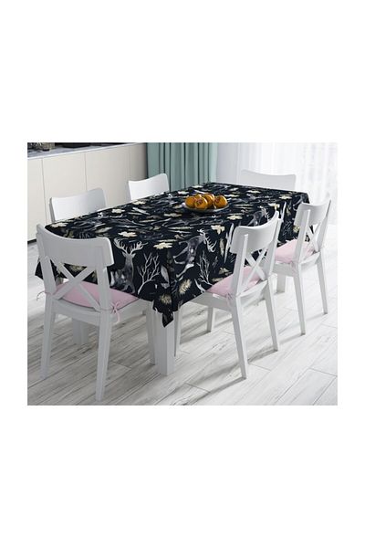 Realhomes Stain-Proof Tablecloth with Deer and Leaf Pattern on Black Floor-140x220 cm