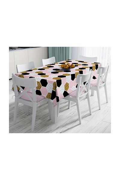 Realhomes Geometric Honeycomb Patterned Gold Detailed Modern Stain Resistant Tablecloth - 140 X 180 cm