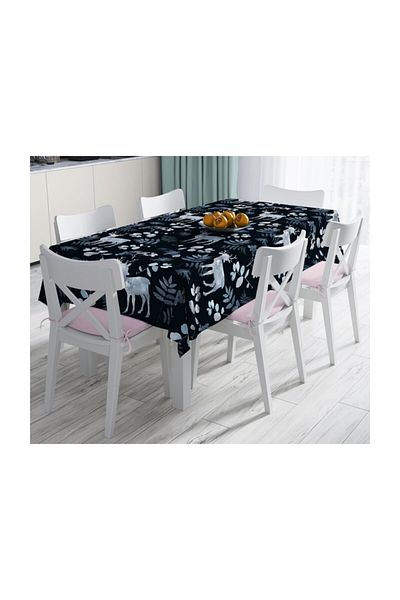 Realhomes Deer and Leaf Motifs Digital Printed Tablecloth on Dark Blue Floor - 140 X 180 cm