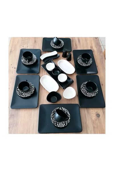 Demet Çeyiz Set Breakfast 30 Pieces 6 Person Matte Black Ethnic Siera