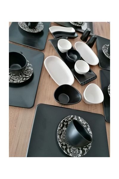 Demet Çeyiz Set Breakfast 30 Pieces 6 Person Matte Black Ethnic Siera