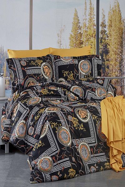 MAJESTE Avantgarde Collection 120 Thread Cotton Satin Cotton Double Duvet Cover Set Pattern: 12140 Black-yellow