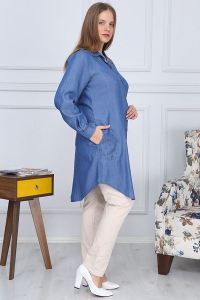 Gül Moda Blugi de damă cu guler tunică și buzunar cu piatră brodate G013